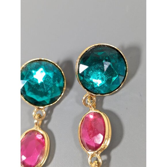Retro Jewel Tone Dangle Earrings Gold Tone Green Pink Blue Bold Statement - Picture 4 of 8